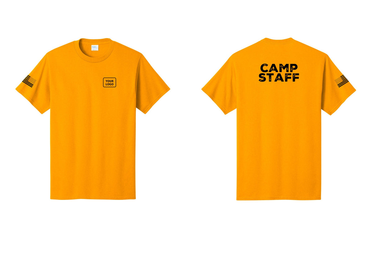 NYC Factory Unisex Custom Logo Camp Staff T-Shirt - Your Logo + Back + US Flag Sleeve - Gold