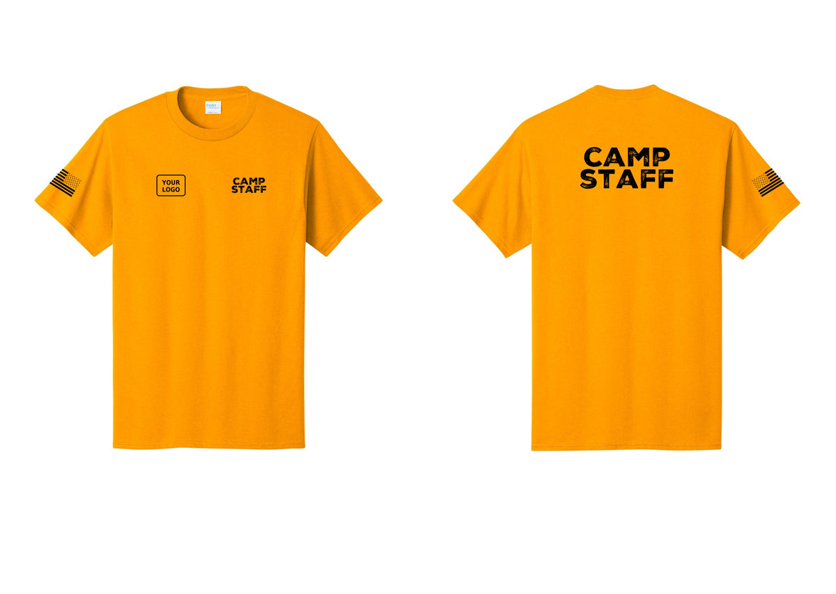 NYC Factory Custom Logo Camp Staff T-Shirt - CAMP STAFF + Your Logo + Back + US Flag Sleeve - Gold
