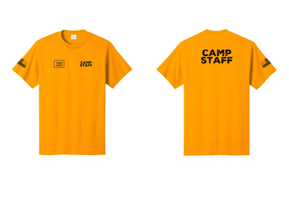 NYC Factory Unisex Custom Logo Camp Staff T-Shirt - CAMP STAFF + Your Logo + Back + US Flag Sleeve - Gold