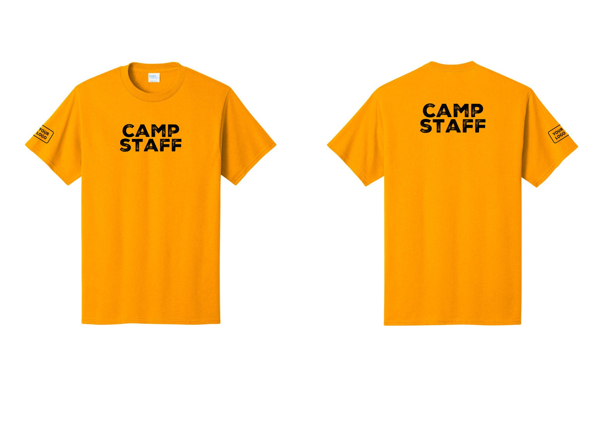 NYC Factory Unisex Custom Logo Camp Staff T-Shirt - Front + Back + Your Logo Sleeve - Gold