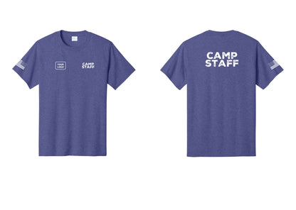 NYC Factory Custom Logo Camp Staff T-Shirt - CAMP STAFF + Your Logo + Back + US Flag Sleeve - Heather Purple