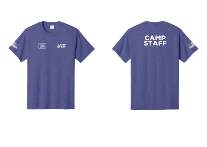 NYC Factory Unisex Custom Logo Camp Staff T-Shirt - CAMP STAFF + Your Logo + Back + US Flag Sleeve - Heather Purple