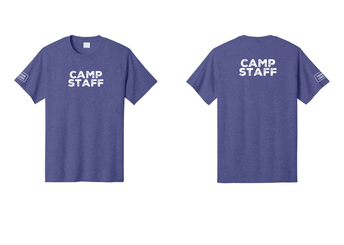 NYC Factory Unisex Custom Logo Camp Staff T-Shirt - Front + Back + Your Logo Sleeve - Heather Purple