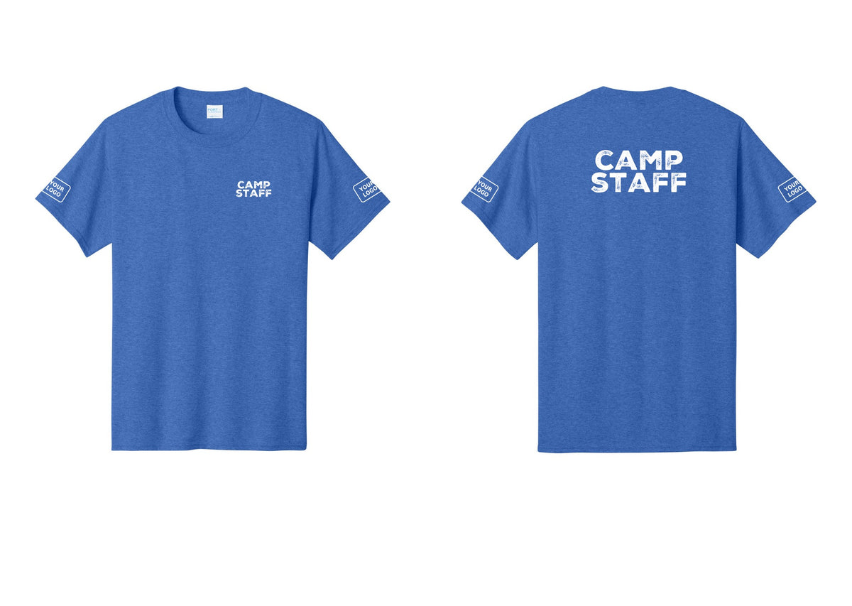 NYC Factory Custom Logo Camp Staff T-Shirt - Chest + Back + Your Logo Sleeves - Heather Royal