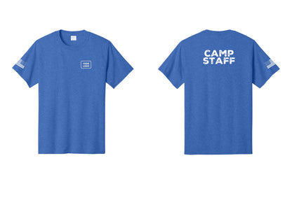 NYC Factory Unisex Custom Logo Camp Staff T-Shirt - Your Logo + Back + US Flag Sleeve - Heather Royal