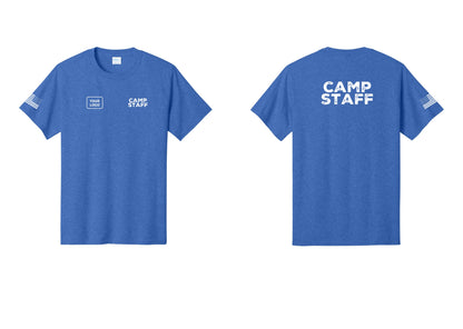 NYC Factory Custom Logo Camp Staff T-Shirt - CAMP STAFF + Your Logo + Back + US Flag Sleeve - Heather Royal