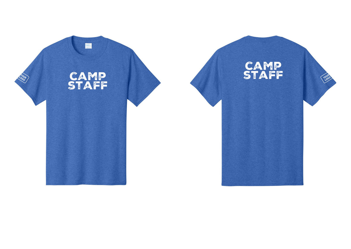NYC Factory Custom Logo Camp Staff T-Shirt - Front + Back + Your Logo Sleeve - Heather Royal