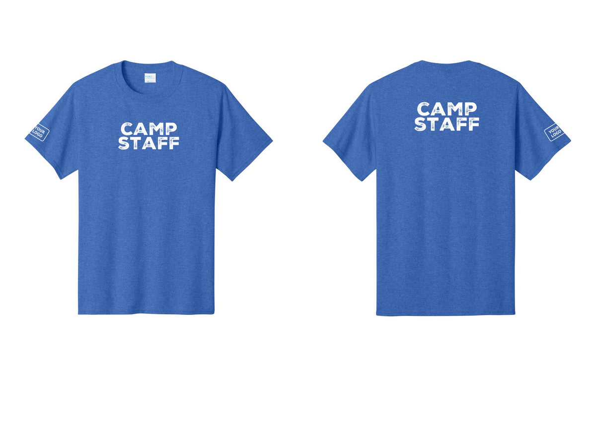 NYC Factory Unisex Custom Logo Camp Staff T-Shirt - Front + Back + Your Logo Sleeve - Heather Royal
