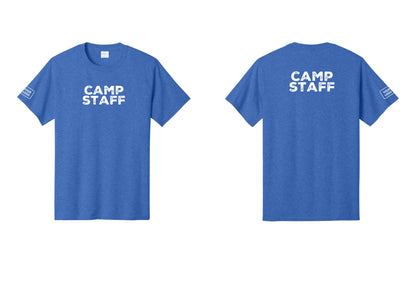 NYC Factory Unisex Custom Logo Camp Staff T-Shirt - Front + Back + Your Logo Sleeve - Heather Royal