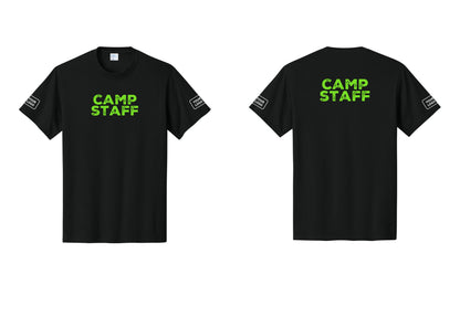 NYC Factory Unisex Custom Logo Camp Staff T-Shirt - Front + Back + Your Logo Sleeves - Black / Neon