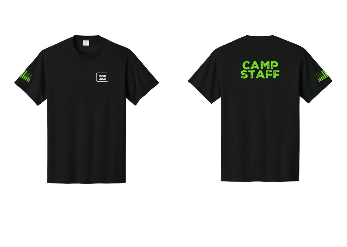 NYC Factory Custom Logo Camp Staff T-Shirt - Your Logo + Back + US Flag Sleeve - Black / Neon