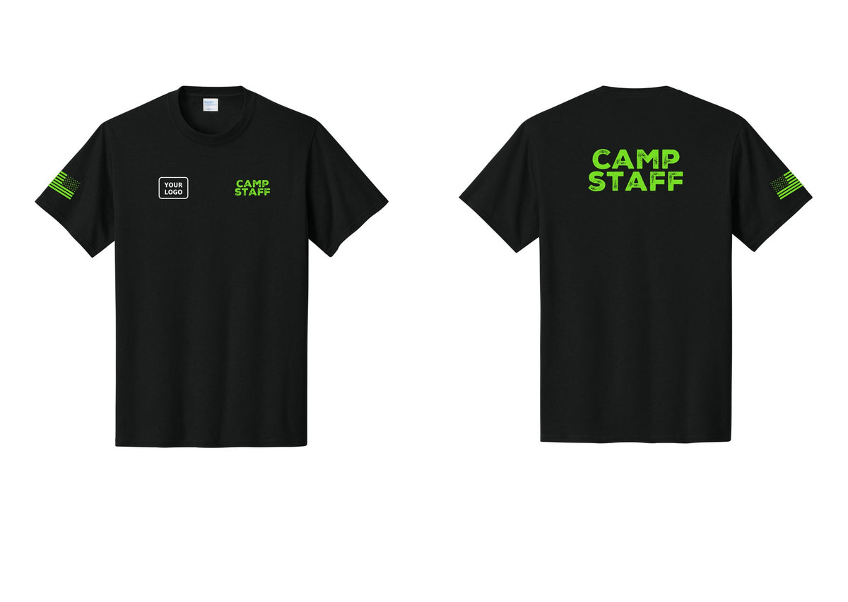 NYC Factory Custom Logo Camp Staff T-Shirt - CAMP STAFF + Your Logo + Back + US Flag Sleeve - Black / Neon