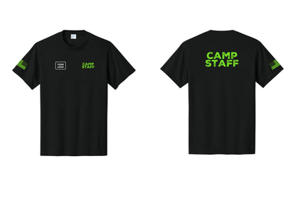 NYC Factory Custom Logo Camp Staff T-Shirt - CAMP STAFF + Your Logo + Back + US Flag Sleeve - Black / Neon