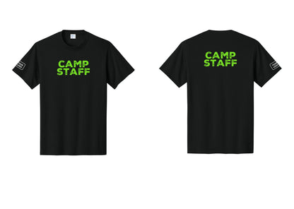 NYC Factory Custom Logo Camp Staff T-Shirt - Front + Back + Your Logo Sleeve - Black / Neon