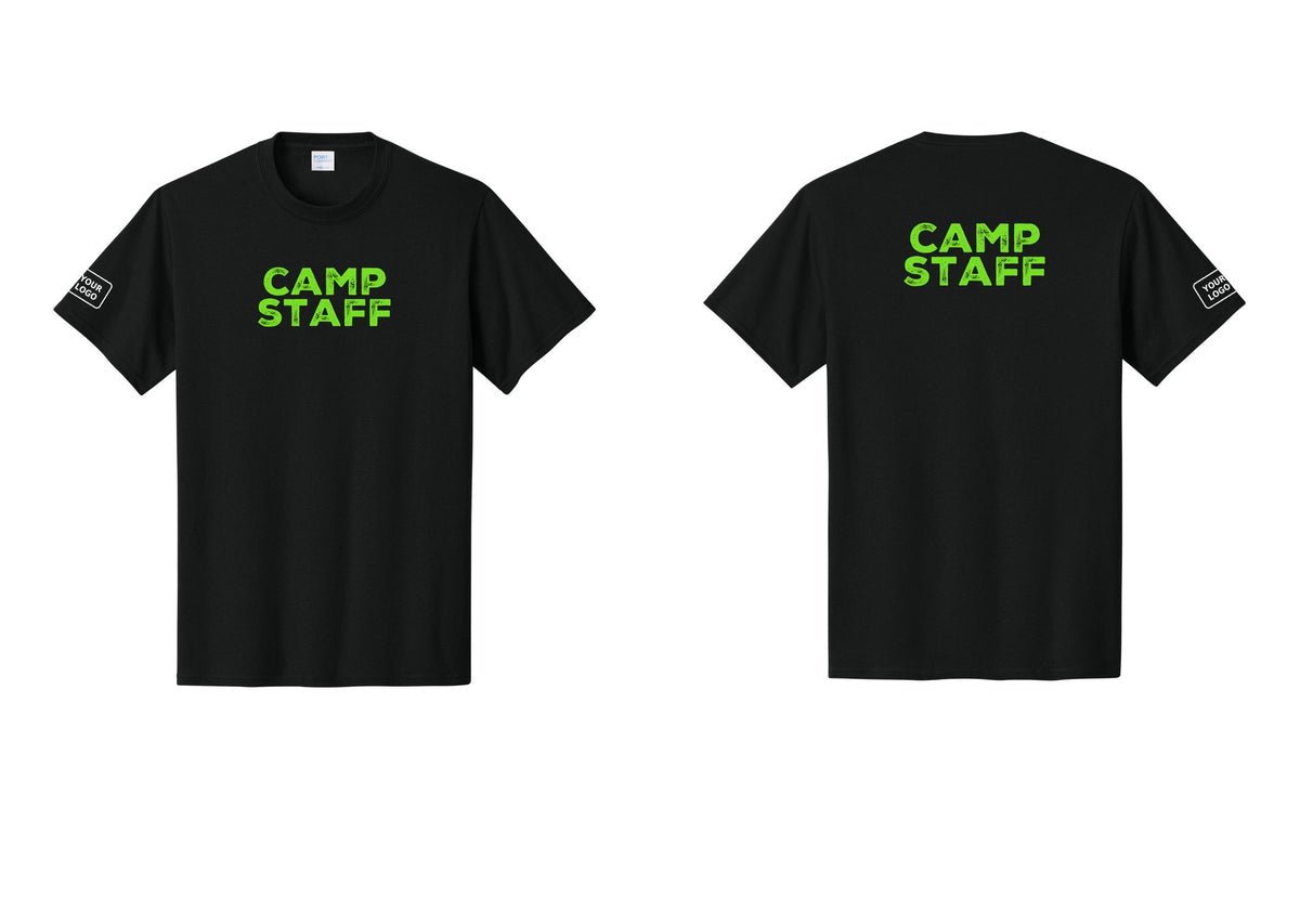 NYC Factory Unisex Custom Logo Camp Staff T-Shirt - Front + Back + Your Logo Sleeve - Black / Neon