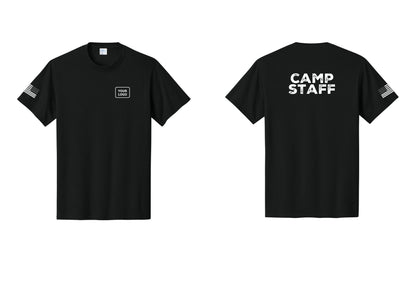 NYC Factory Custom Logo Camp Staff T-Shirt - Your Logo + Back + US Flag Sleeve - Black