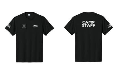 NYC Factory Custom Logo Camp Staff T-Shirt - CAMP STAFF + Your Logo + Back + US Flag Sleeve - Black