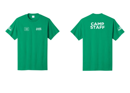 NYC Factory Unisex Custom Logo Camp Staff T-Shirt - CAMP STAFF + Your Logo + Back + US Flag Sleeve - Kelly