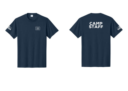 NYC Factory Unisex Custom Logo Camp Staff T-Shirt - Your Logo + Back + US Flag Sleeve - Navy