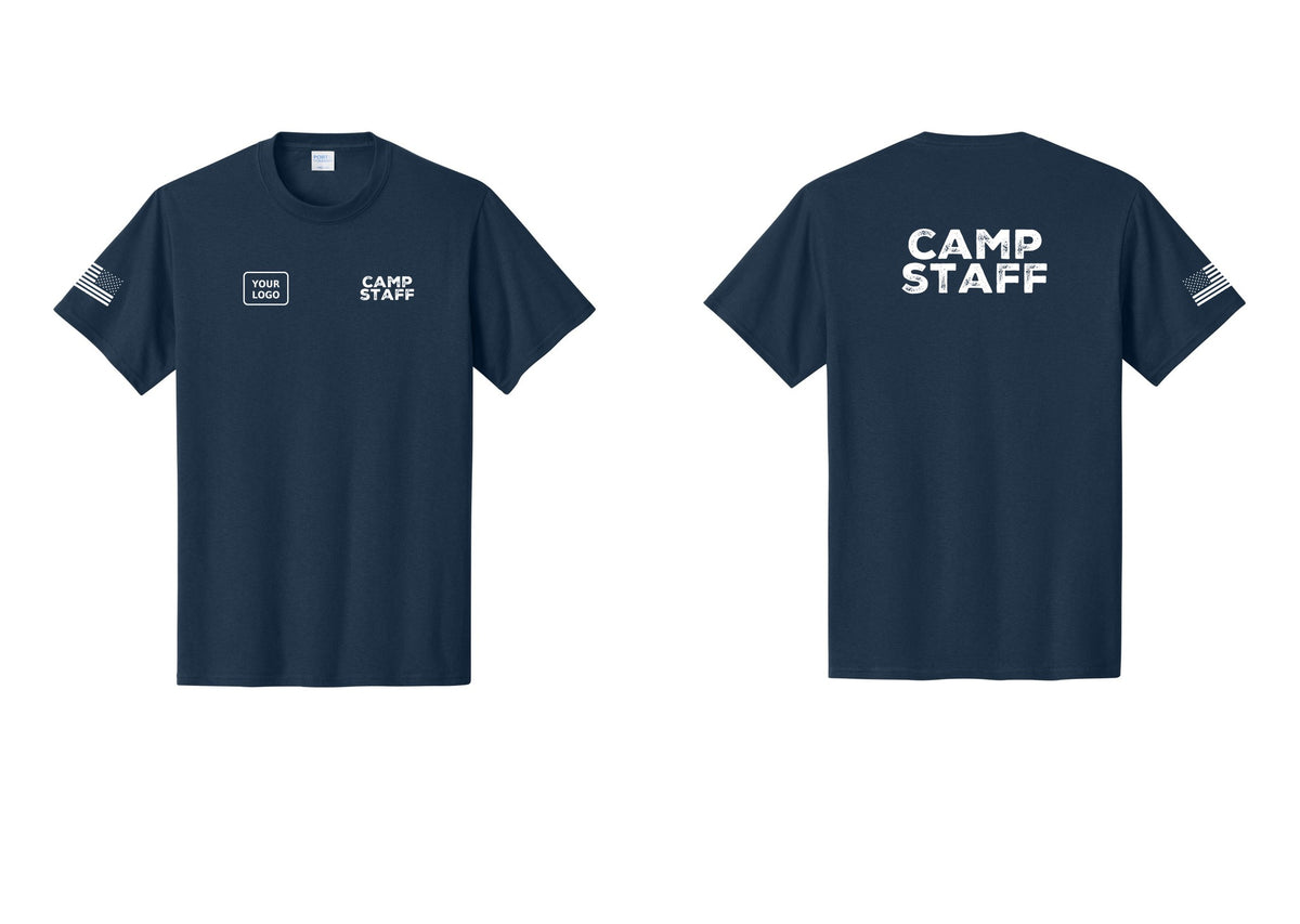 NYC Factory Custom Logo Camp Staff T-Shirt - CAMP STAFF + Your Logo + Back + US Flag Sleeve - Navy