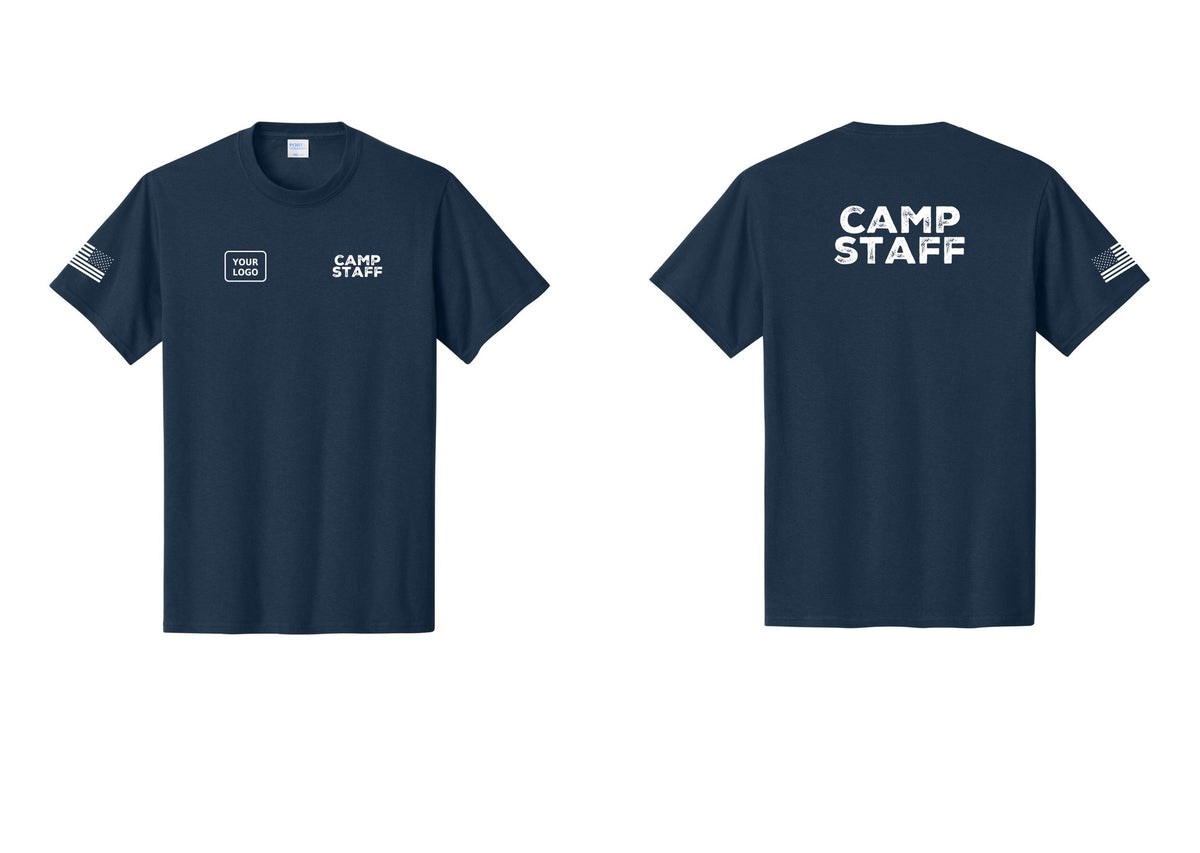 NYC Factory Unisex Custom Logo Camp Staff T-Shirt - CAMP STAFF + Your Logo + Back + US Flag Sleeve - Navy