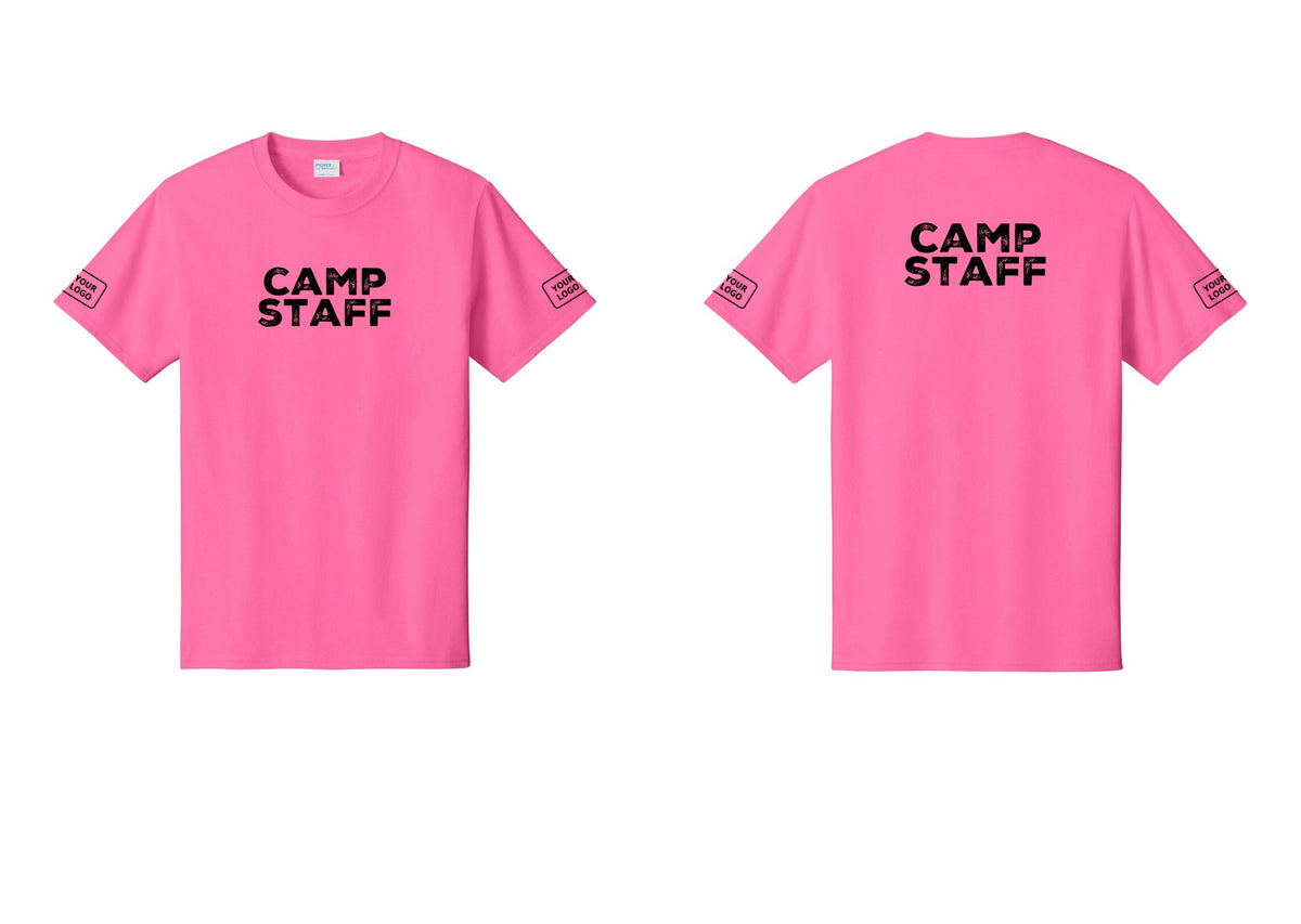 NYC Factory Unisex Custom Logo Camp Staff T-Shirt - Front + Back + Your Logo Sleeves - Neon Pink