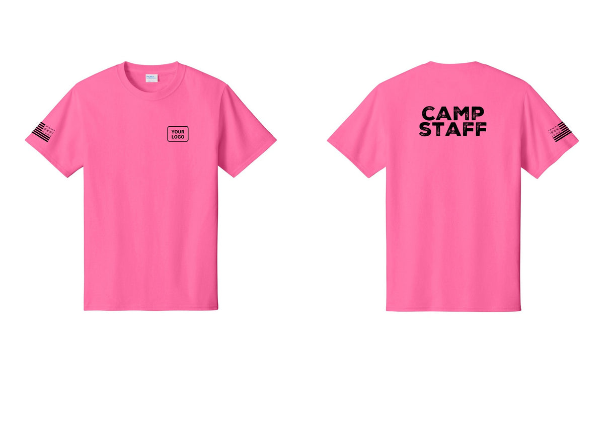 NYC Factory Custom Logo Camp Staff T-Shirt - Your Logo + Back + US Flag Sleeve - Neon Pink