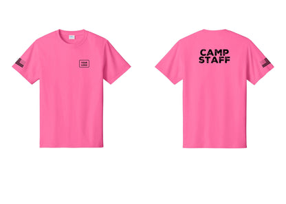 NYC Factory Unisex Custom Logo Camp Staff T-Shirt - Your Logo + Back + US Flag Sleeve - Neon Pink
