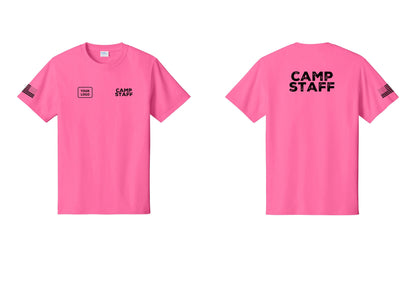 NYC Factory Unisex Custom Logo Camp Staff T-Shirt - CAMP STAFF + Your Logo + Back + US Flag Sleeve - Neon Pink