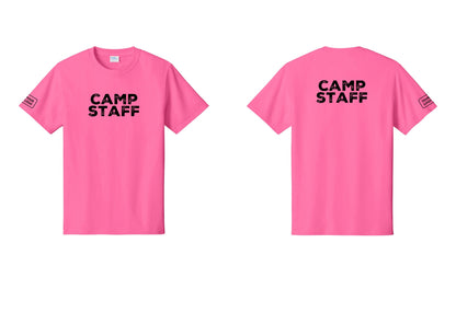 NYC Factory Custom Logo Camp Staff T-Shirt - Front + Back + Your Logo Sleeve - Neon Pink