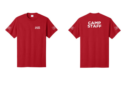 NYC Factory Unisex Custom Logo Camp Staff T-Shirt - Chest + Back + Your Logo Sleeves - Red