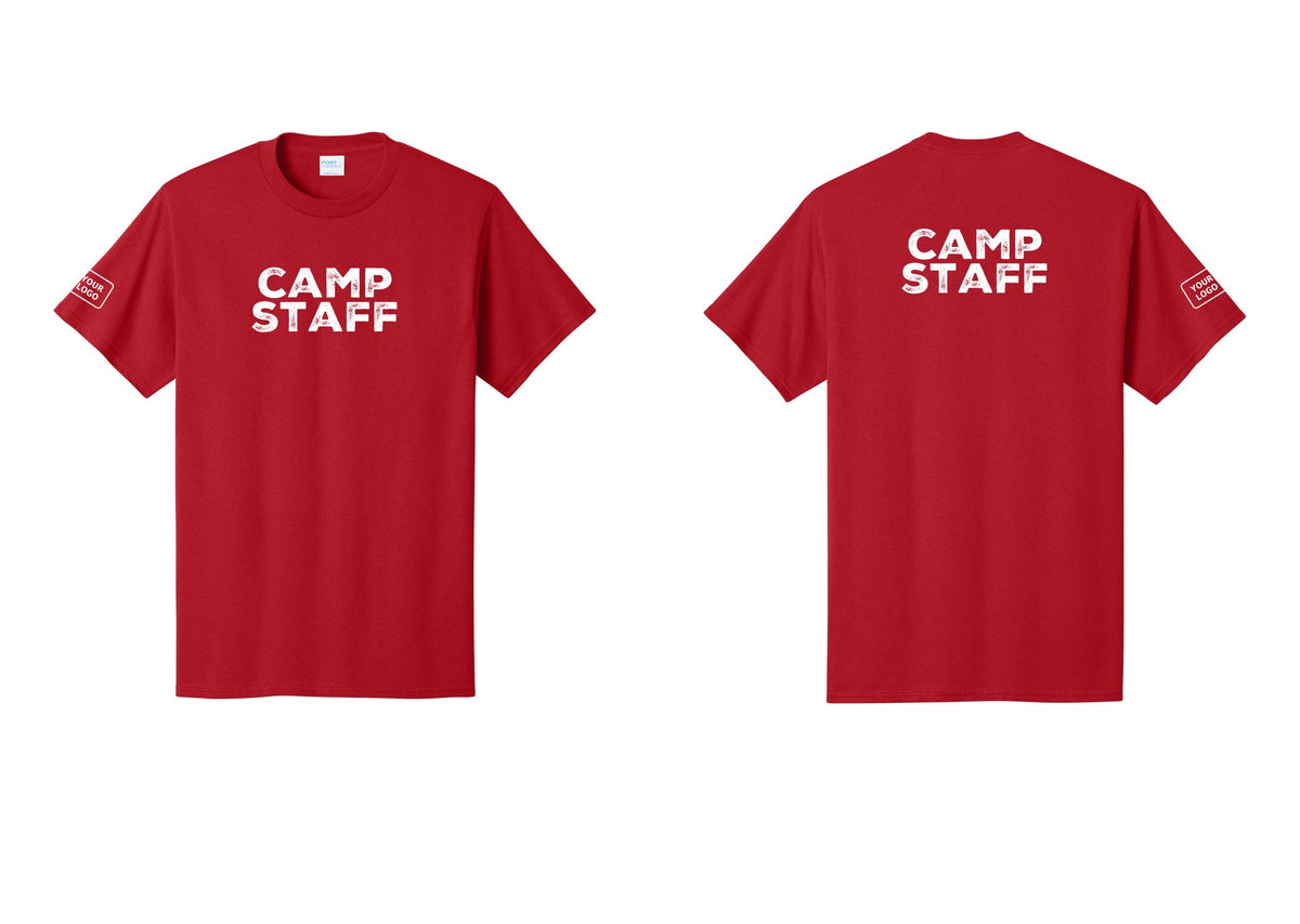 NYC Factory Custom Logo Camp Staff T-Shirt - Front + Back + Your Logo Sleeve - Red
