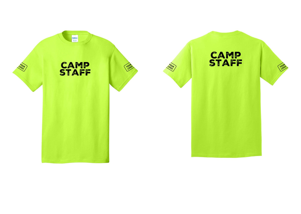 NYC Factory Unisex Custom Logo Camp Staff T-Shirt - Front + Back + Your Logo Sleeves - Safety Green