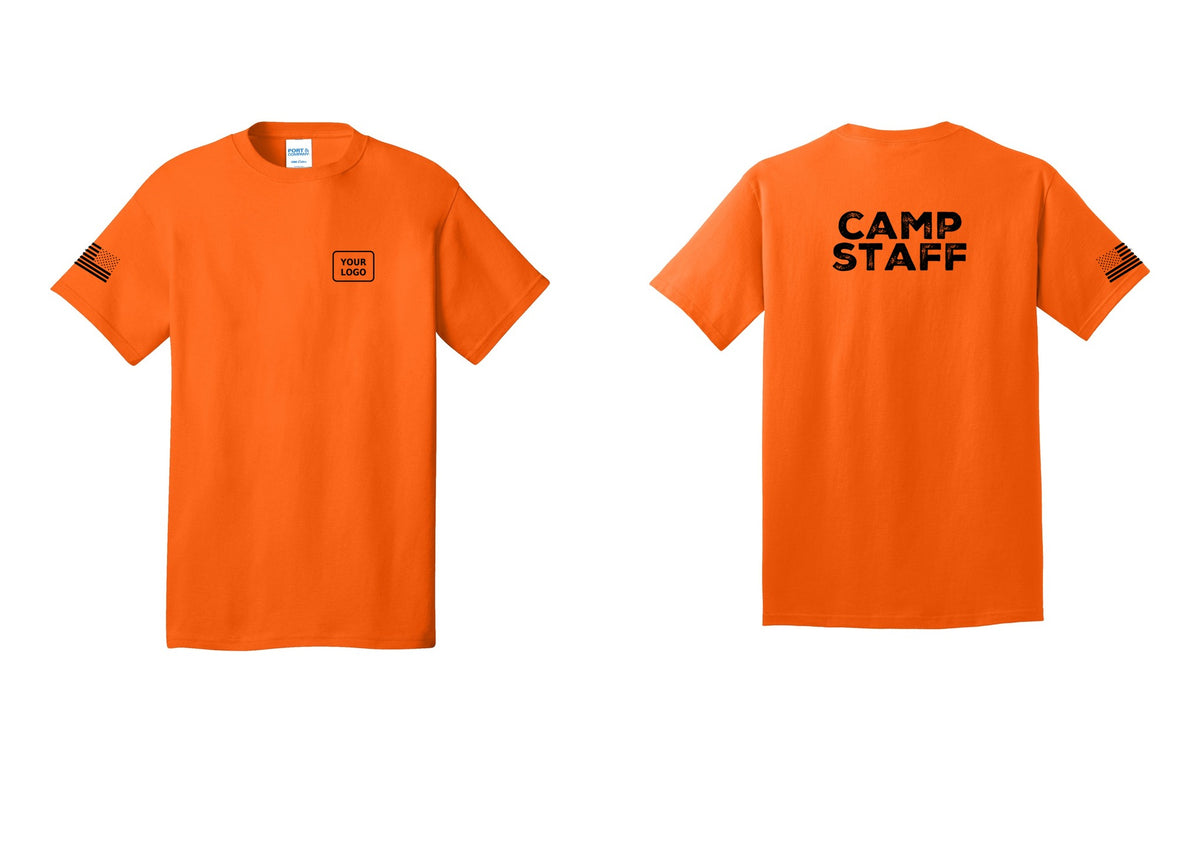 NYC Factory Custom Logo Camp Staff T-Shirt - Your Logo + Back + US Flag Sleeve - Safety Orange