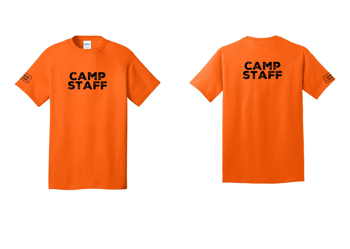 NYC Factory Custom Logo Camp Staff T-Shirt - Front + Back + Your Logo Sleeve - Safety Orange
