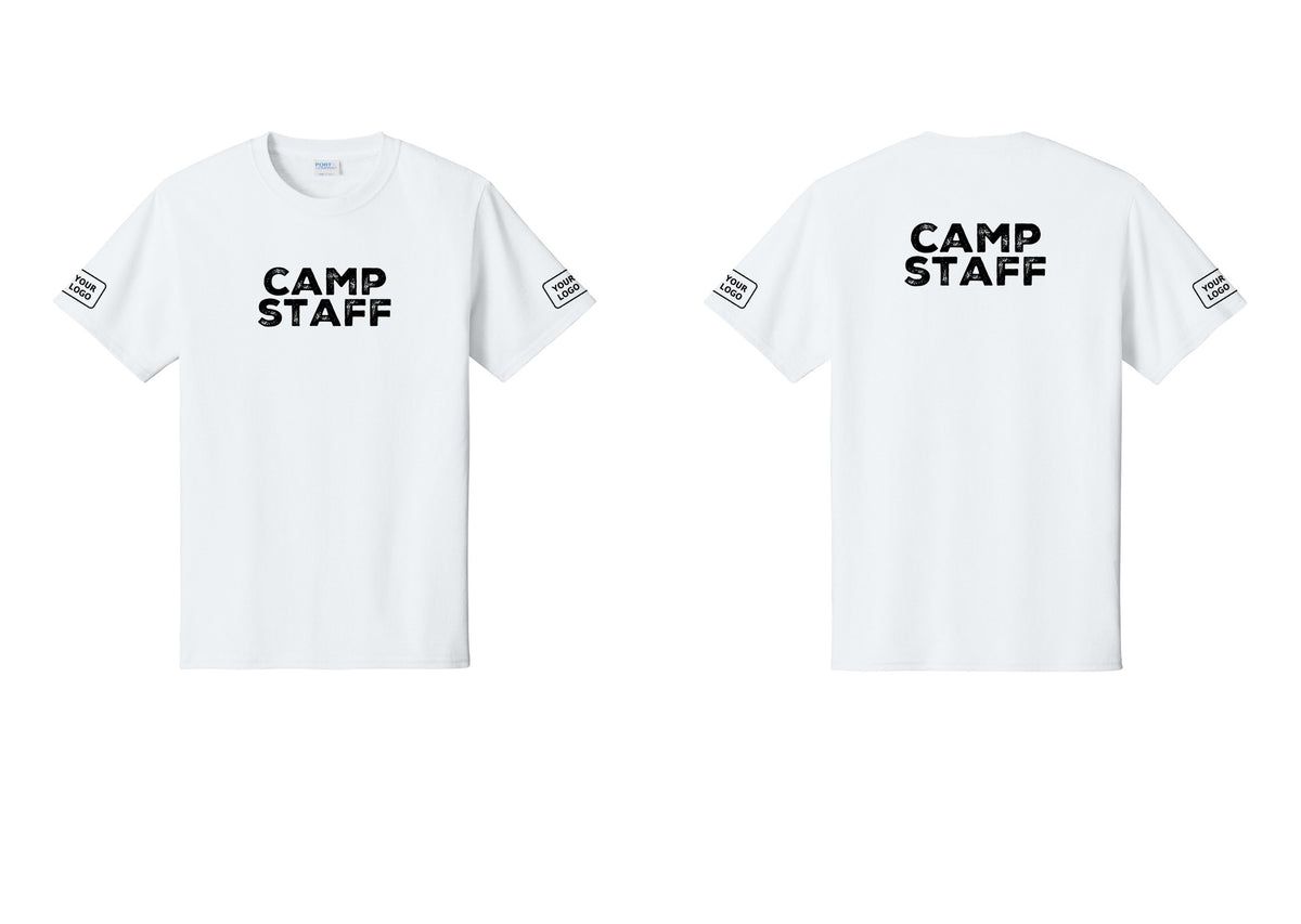 NYC Factory Unisex Custom Logo Camp Staff T-Shirt - Front + Back + Your Logo Sleeves - White