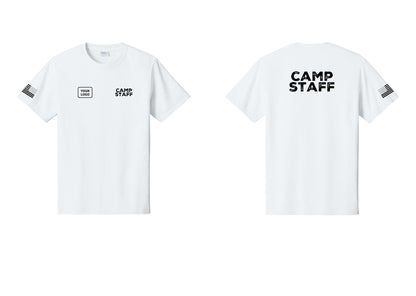 NYC Factory Unisex Custom Logo Camp Staff T-Shirt - CAMP STAFF + Your Logo + Back + US Flag Sleeve - White