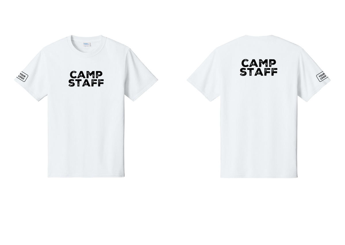 NYC Factory Unisex Custom Logo Camp Staff T-Shirt - Front + Back + Your Logo Sleeve - White