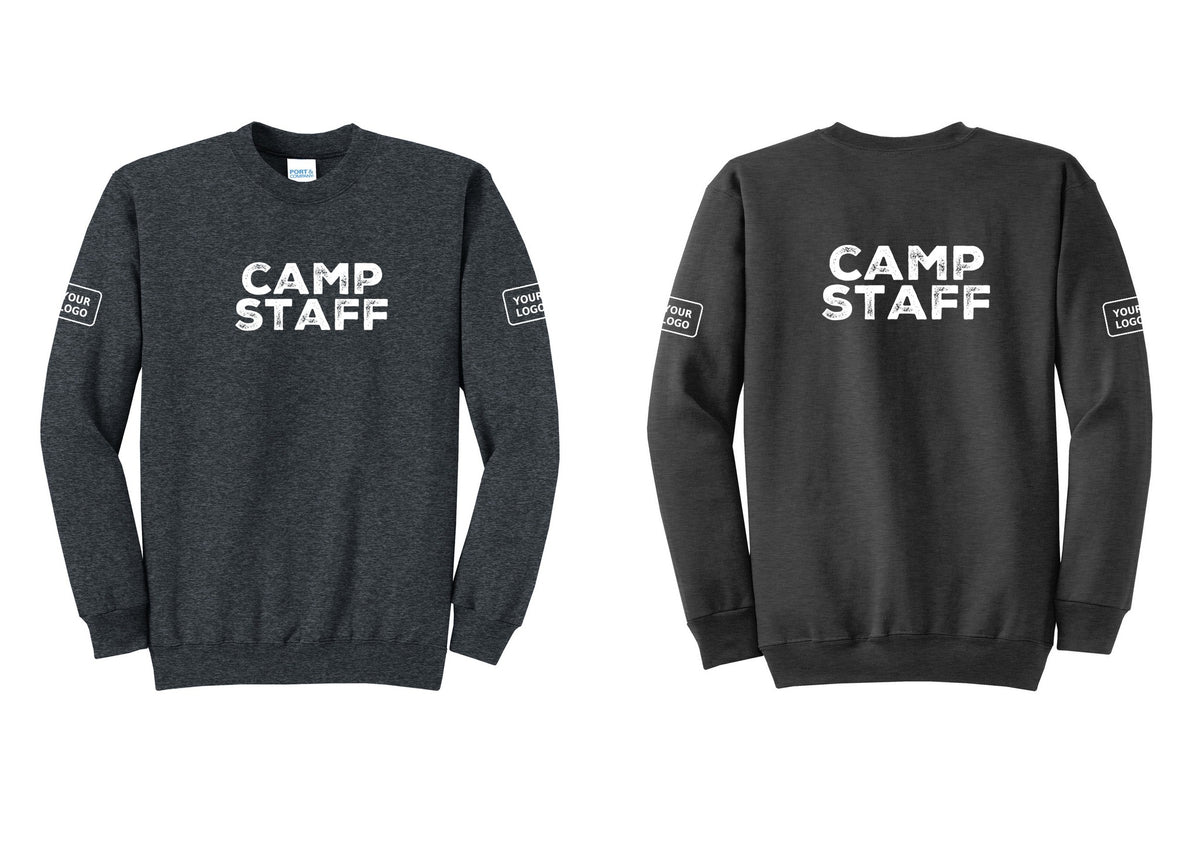 NYC Factory Custom Logo Camp Staff Cotton Fleece Crewneck Sweatshirt (Rustic) - Front + Back + Your Logo Sleeves - Dark Heather Grey