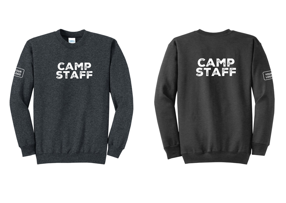 NYC Factory Custom Logo Camp Staff Cotton Fleece Crewneck Sweatshirt (Rustic) - Front + Back + Your Logo Sleeve - Dark Heather Grey
