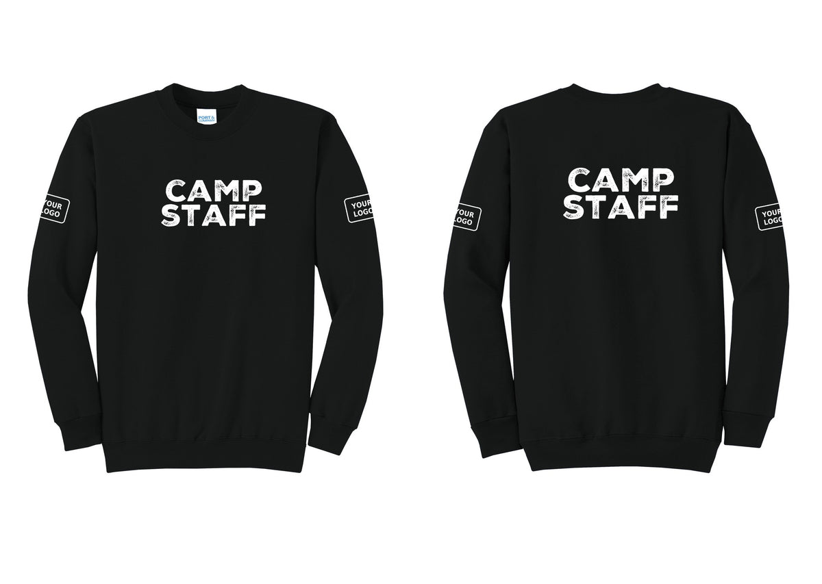 NYC Factory Custom Logo Camp Staff Cotton Fleece Crewneck Sweatshirt (Rustic) - Front + Back + Your Logo Sleeves - Black