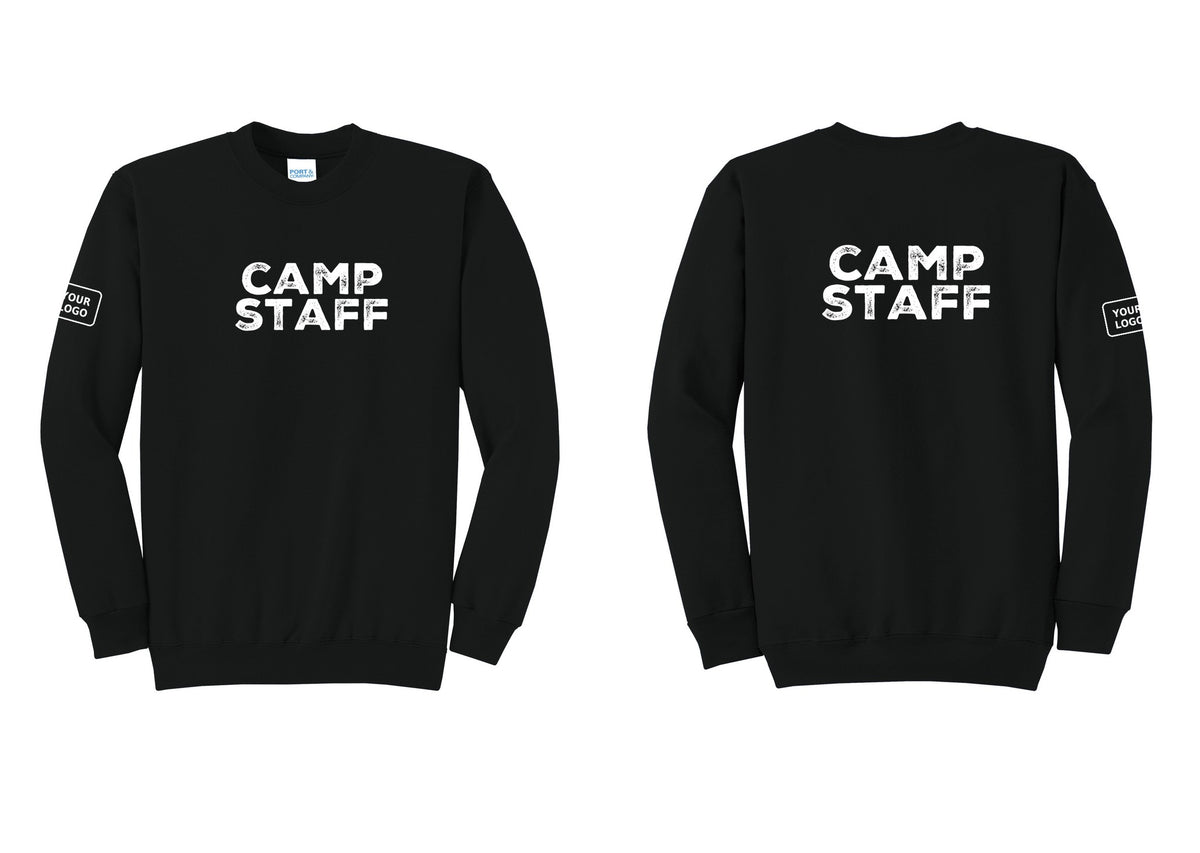 NYC Factory Custom Logo Camp Staff Cotton Fleece Crewneck Sweatshirt (Rustic) - Front + Back + Your Logo Sleeve - Black