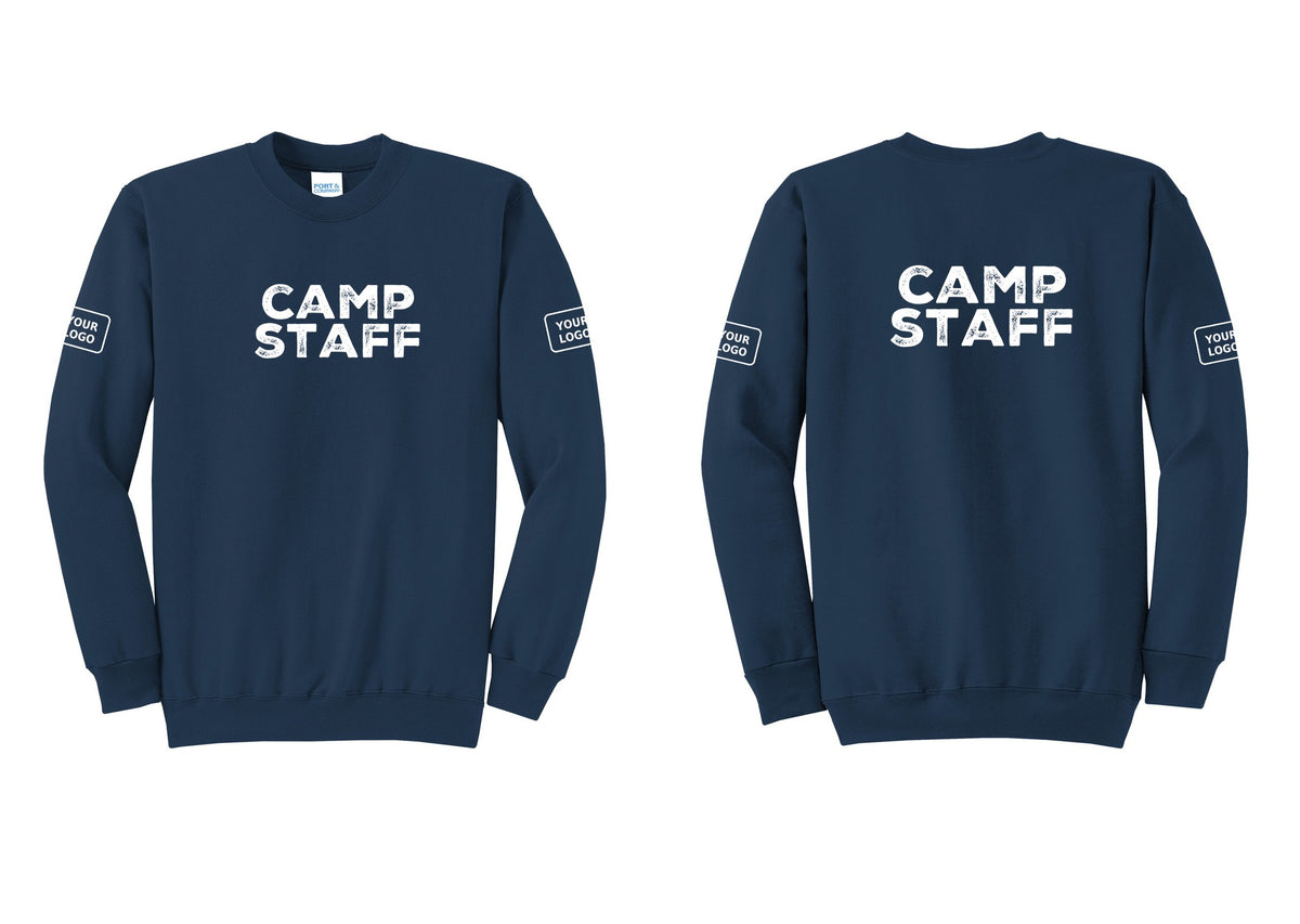NYC Factory Custom Logo Camp Staff Cotton Fleece Crewneck Sweatshirt (Rustic) - Front + Back + Your Logo Sleeves - Navy