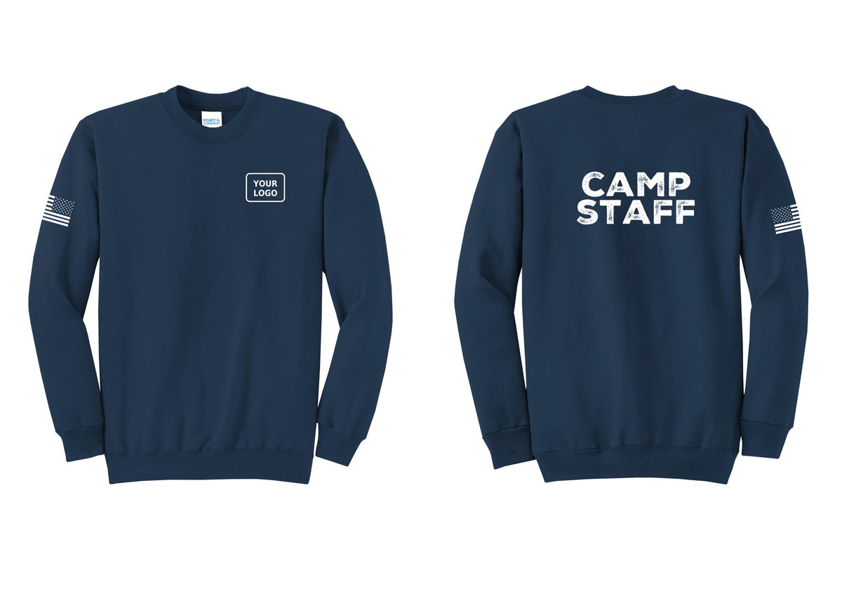 NYC Factory Custom Logo Camp Staff Cotton Fleece Crewneck Sweatshirt (Rustic) - Your Logo + Back + US Flag Sleeve - Navy