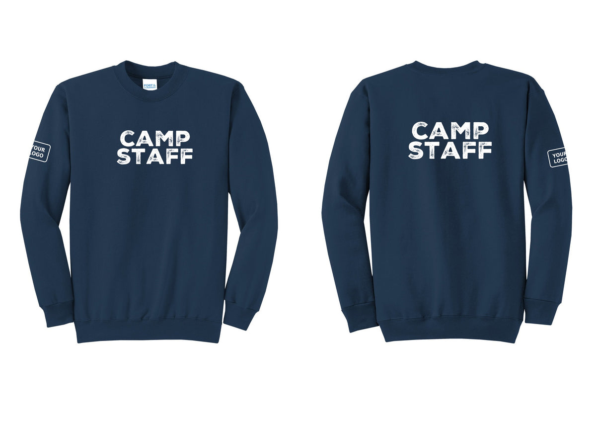 NYC Factory Custom Logo Camp Staff Cotton Fleece Crewneck Sweatshirt (Rustic) - Front + Back + Your Logo Sleeve - Navy