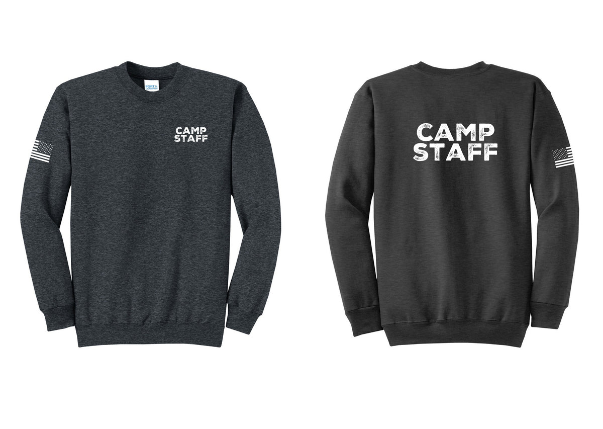 NYC Factory Camp Staff Cotton Fleece Crewneck Sweatshirt (Rustic) - Chest + Back + US Flag Sleeve - Dark Heather Grey