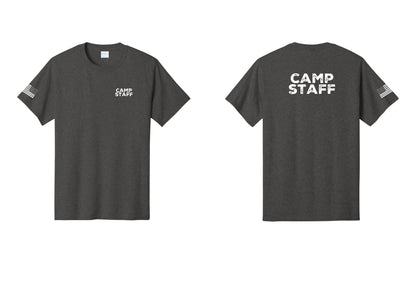 NYC Factory Camp Staff T-Shirt - Chest + Back + US Flag Sleeve - Dark Heather Grey