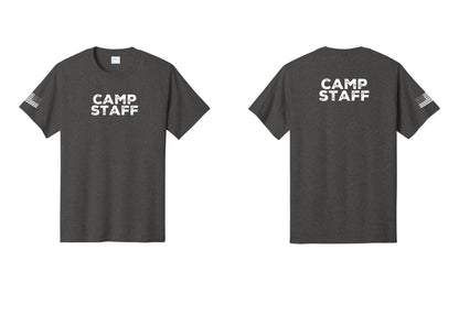 NYC Factory Unisex Camp Staff Charcoal T-Shirt - Front + Back + US Flag Sleeve - Dark Heather Grey
