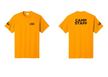 NYC Factory Camp Staff T-Shirt - Chest + Back + US Flag Sleeve - Gold