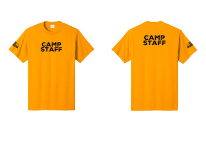 NYC Factory Unisex Camp Staff Charcoal T-Shirt - Front + Back + US Flag Sleeve - Gold
